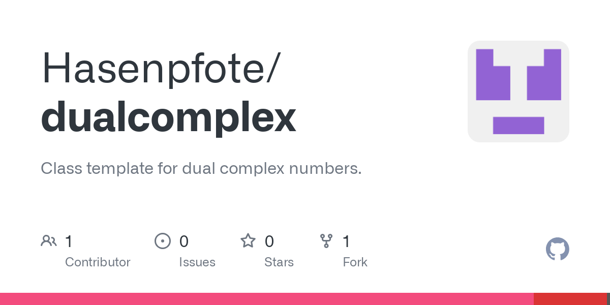 Class template for dual complex numbers. Contribute to Hasenpfote/dualcomplex development by creating an account on GitHub.
